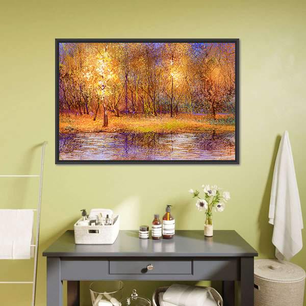 Forest Trees With Lake In Autumn Canvas Wall Art-1 Piece-Floating Frame-24" x 16"-Tiaracle
