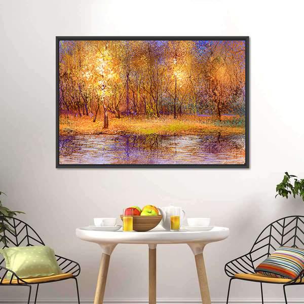 Forest Trees With Lake In Autumn Canvas Wall Art-3 Horizontal-Gallery Wrap-25" x 16"-Tiaracle