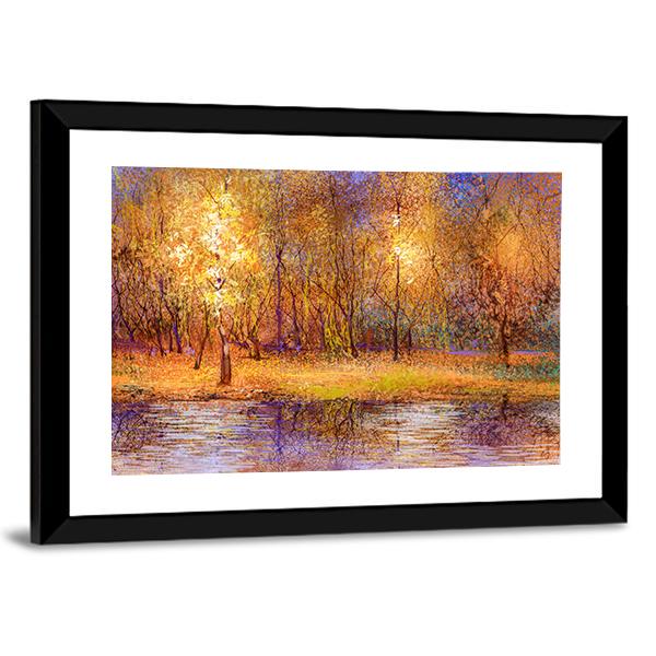 Forest Trees With Lake In Autumn Canvas Wall Art-3 Horizontal-Gallery Wrap-25" x 16"-Tiaracle