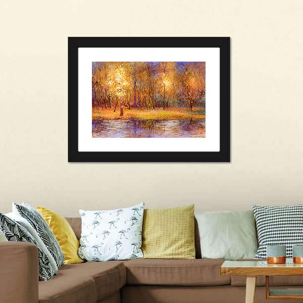 Forest Trees With Lake In Autumn Canvas Wall Art-3 Horizontal-Gallery Wrap-25" x 16"-Tiaracle