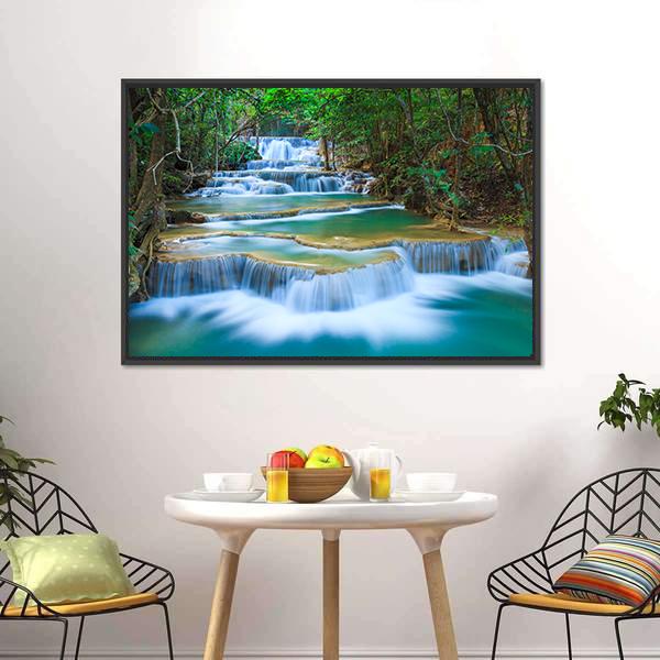 Forest Waterfall Kanchanaburi Canvas Wall Art-1 Piece-Floating Frame-24" x 16"-Tiaracle