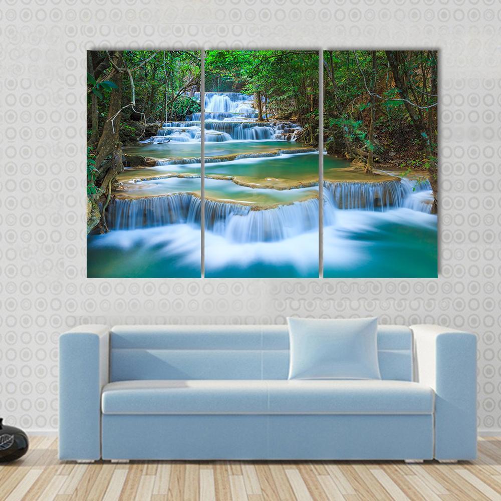 Forest Waterfall Kanchanaburi Canvas Wall Art-3 Horizontal-Gallery Wrap-37" x 24"-Tiaracle