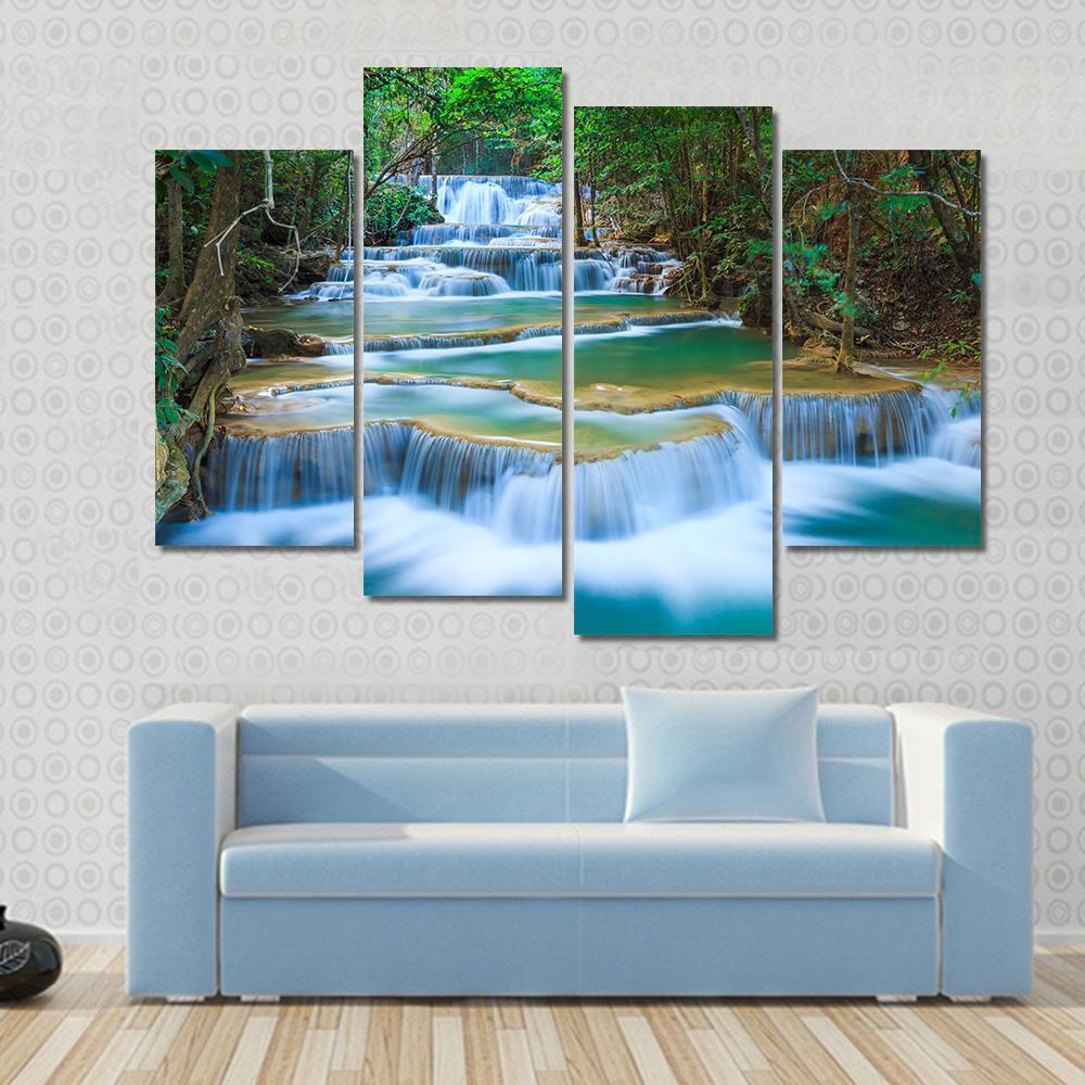 Forest Waterfall Kanchanaburi Canvas Wall Art-4 Pop-Gallery Wrap-50" x 32"-Tiaracle