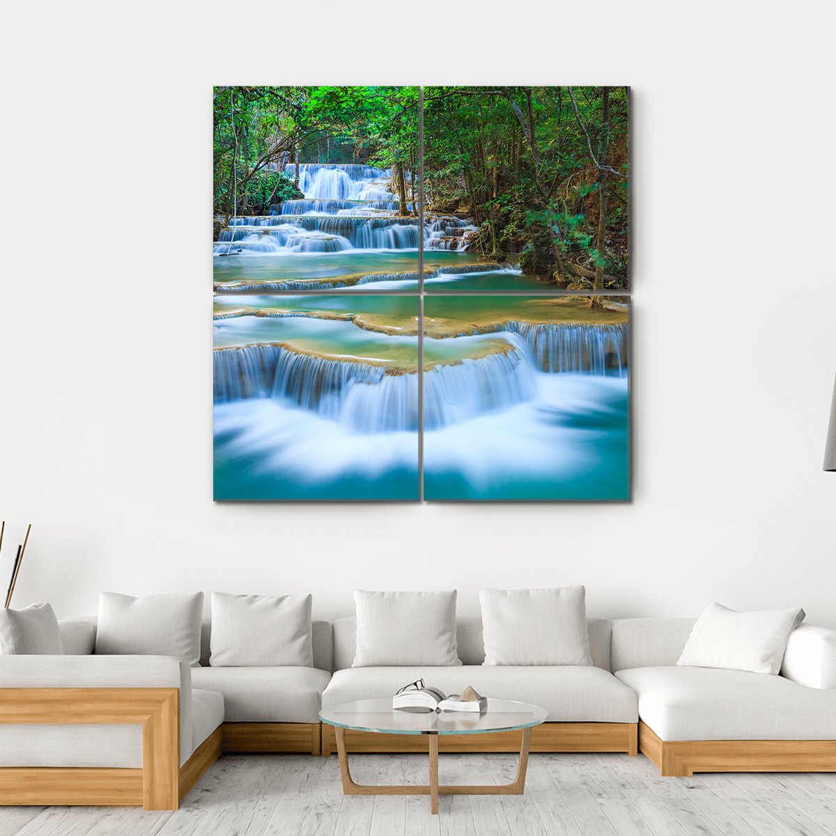Forest Waterfall Kanchanaburi Canvas Wall Art-4 Square-Gallery Wrap-17" x 17"-Tiaracle