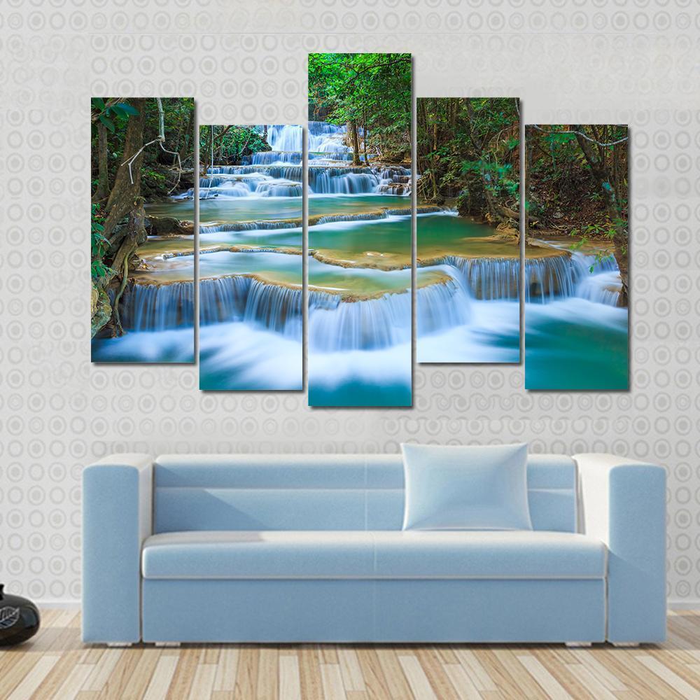 Forest Waterfall Kanchanaburi Canvas Wall Art-5 Pop-Gallery Wrap-47" x 32"-Tiaracle