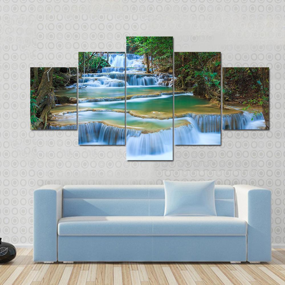 Forest Waterfall Kanchanaburi Canvas Wall Art-4 Pop-Gallery Wrap-50" x 32"-Tiaracle