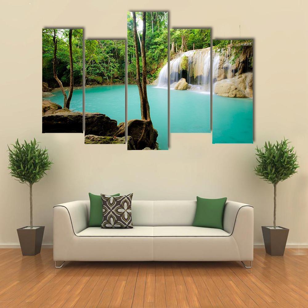 Forest Waterfall Thailand Canvas Wall Art-5 Pop-Gallery Wrap-47" x 32"-Tiaracle