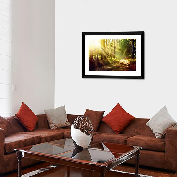 Forest With Sun Rays Canvas Wall Art-5 Horizontal-Gallery Wrap-22&quot; x 12&quot;-Tiaracle
