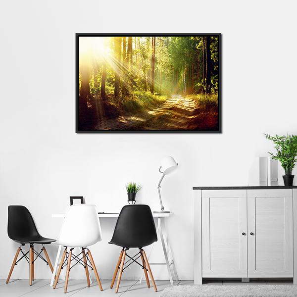 Forest With Sun Rays Panoramic Canvas Wall Art-1 Piece-36&quot; x 12&quot;-Tiaracle