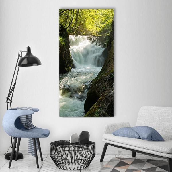 Forested Grundlsee Waterfall Vertical Canvas Wall Art-3 Vertical-Gallery Wrap-12" x 25"-Tiaracle