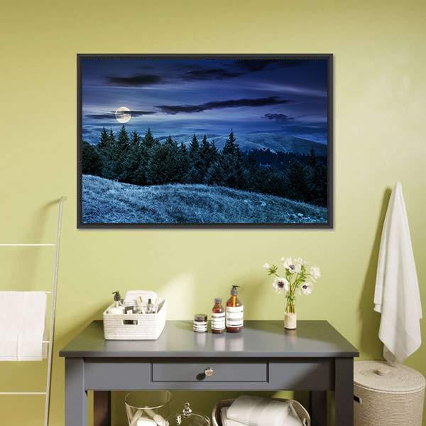 Forested Hills At Night Canvas Wall Art-1 Piece-Floating Frame-24" x 16"-Tiaracle
