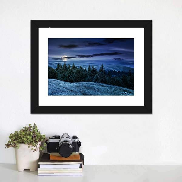 Forested Hills At Night Canvas Wall Art-1 Piece-Framed Print-20" x 16"-Tiaracle