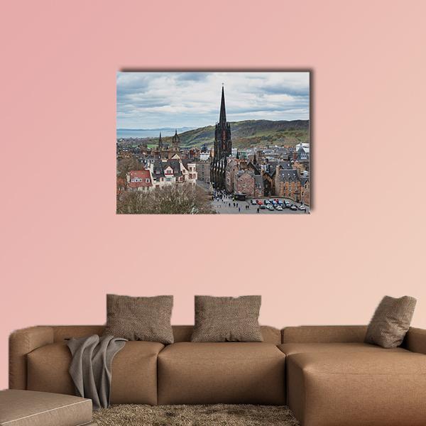 Royal Mile in Scotland Canvas Wall Art in gray, brown and blue, single panel hung on a wall