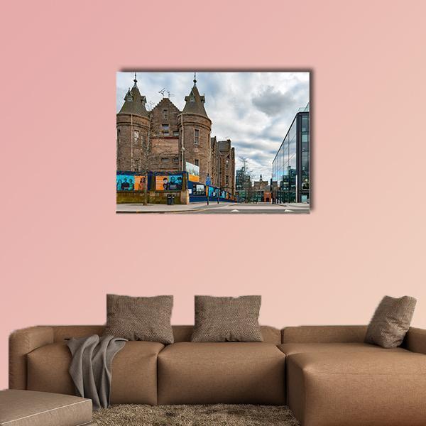 Former Royal Infirmary of Edinburgh Canvas Wall Art in gray, brown and blue, single panel hung on a wall