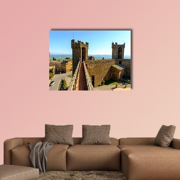 Montalcino Castle Canvas Wall Art in beige, brown and blue, single panel hung on a wall
