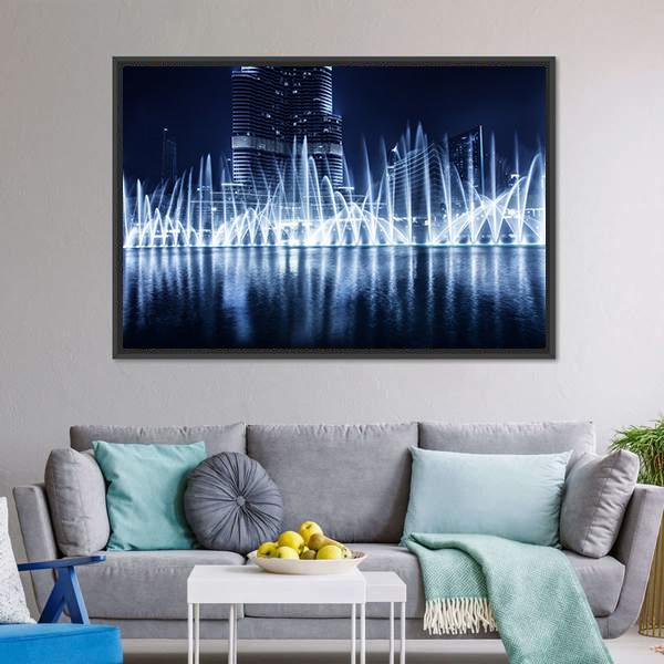 Fountain In Dubai At Night Canvas Wall Art-5 Horizontal-Gallery Wrap-22" x 12"-Tiaracle