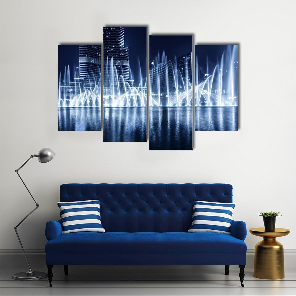 Fountain In Dubai At Night Canvas Wall Art-1 Piece-Gallery Wrap-48" x 32"-Tiaracle