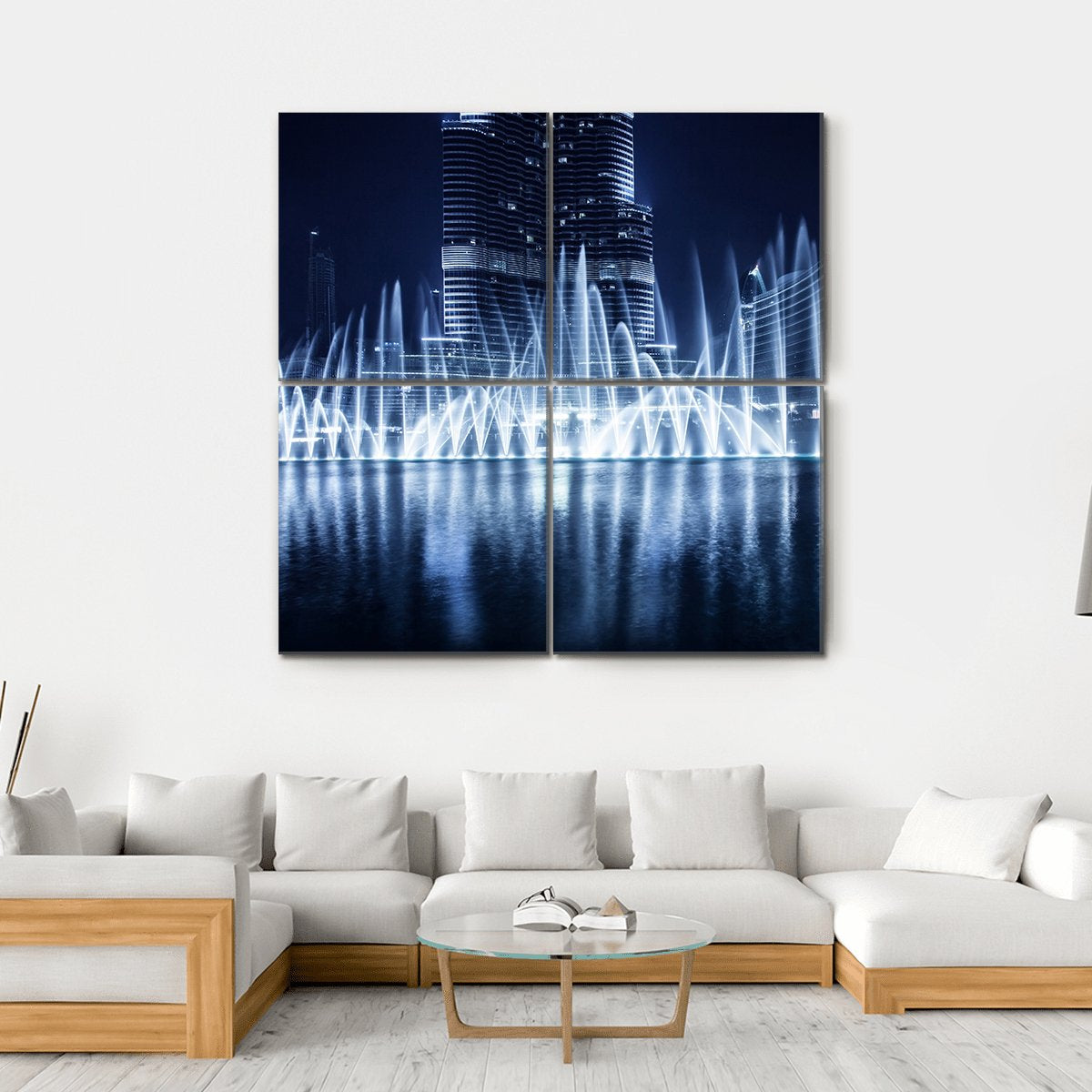 Fountain In Dubai At Night Canvas Wall Art-4 Square-Gallery Wrap-17" x 17"-Tiaracle