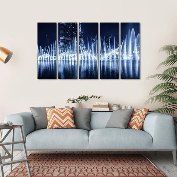 Fountain In Dubai At Night Canvas Wall Art-5 Horizontal-Gallery Wrap-22" x 12"-Tiaracle