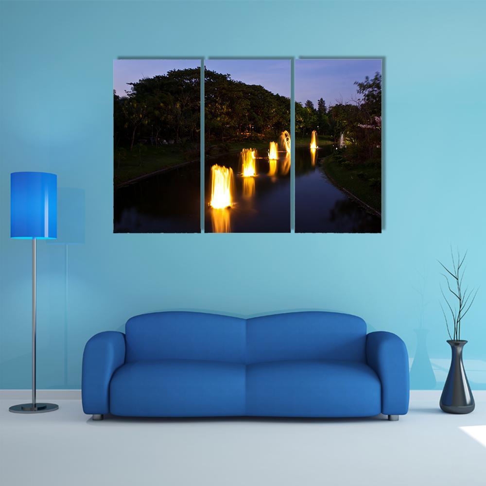 Fountain In Garden At Night Canvas Wall Art-3 Horizontal-Gallery Wrap-37" x 24"-Tiaracle