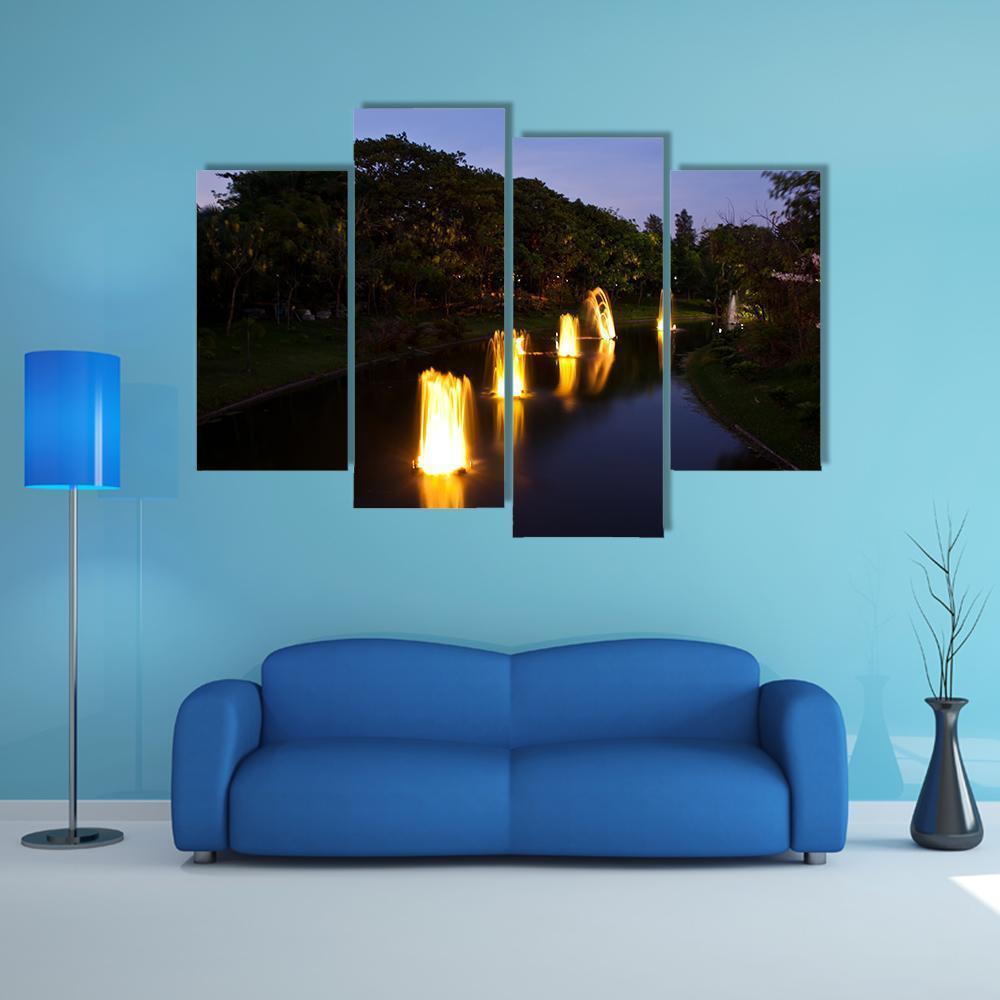 Fountain In Garden At Night Canvas Wall Art-4 Pop-Gallery Wrap-50" x 32"-Tiaracle
