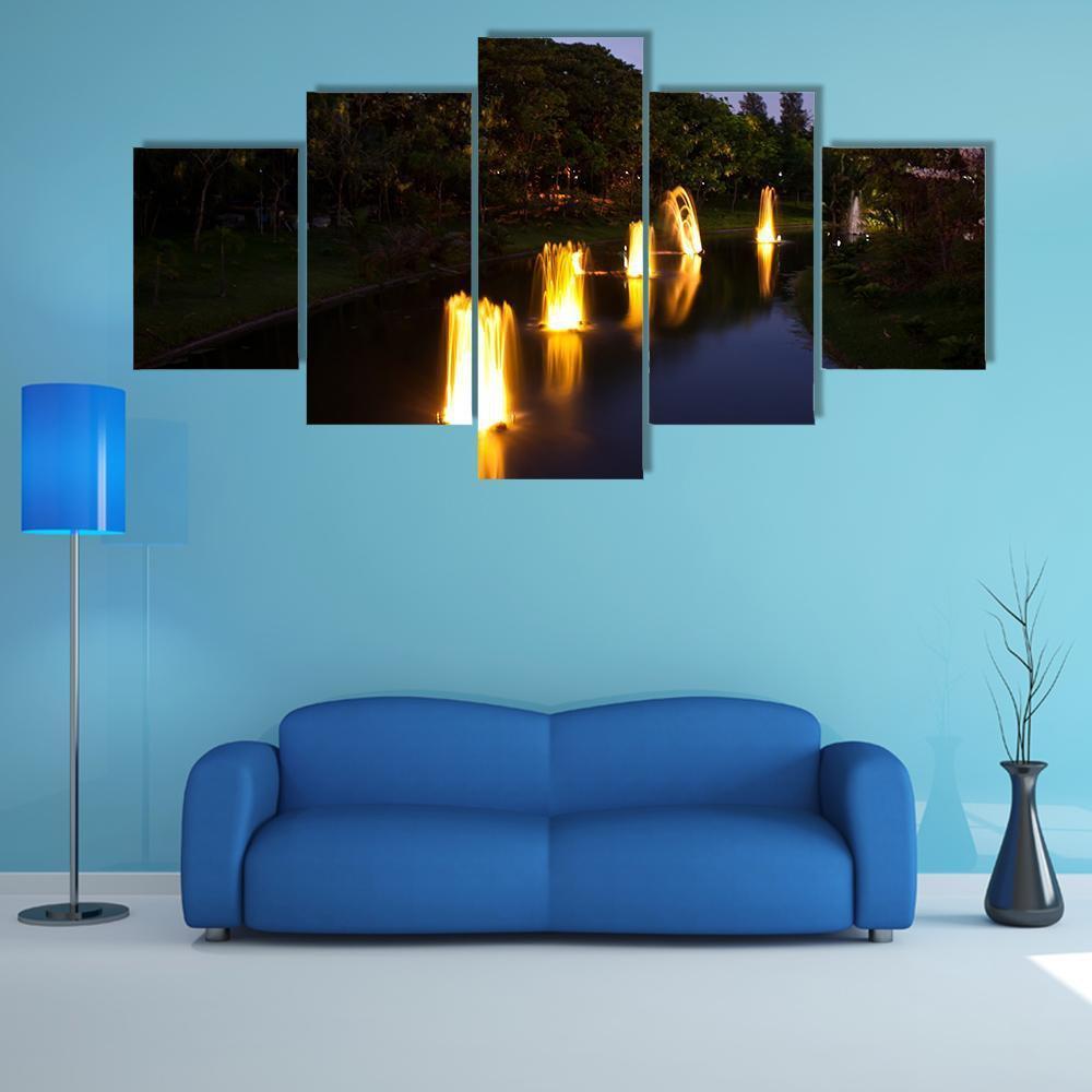 Fountain In Garden At Night Canvas Wall Art-5 Star-Gallery Wrap-62" x 32"-Tiaracle