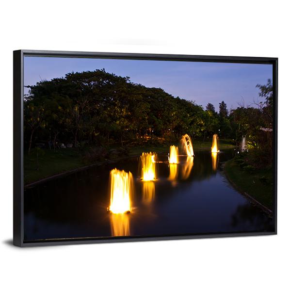 Fountain In Garden At Night Canvas Wall Art-3 Horizontal-Gallery Wrap-25" x 16"-Tiaracle