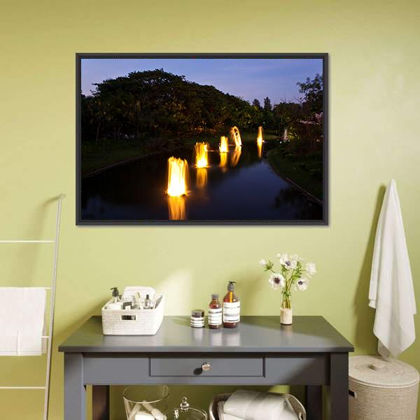 Fountain In Garden At Night Canvas Wall Art-1 Piece-Floating Frame-24" x 16"-Tiaracle