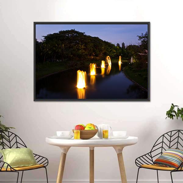 Fountain In Garden At Night Canvas Wall Art-3 Horizontal-Gallery Wrap-25" x 16"-Tiaracle