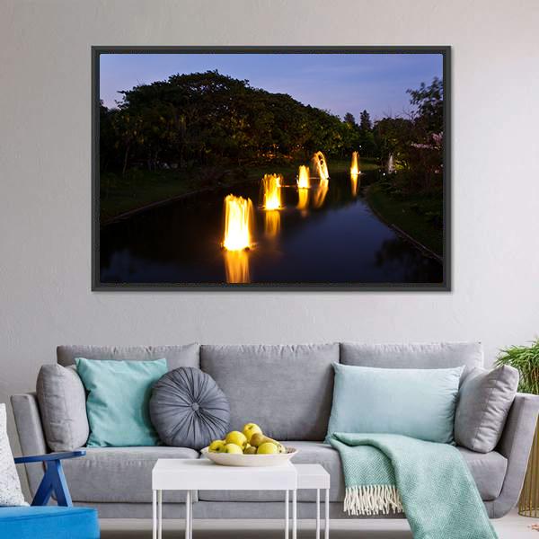 Fountain In Garden At Night Canvas Wall Art-3 Horizontal-Gallery Wrap-25" x 16"-Tiaracle