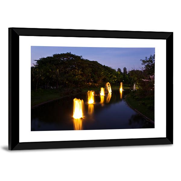 Fountain In Garden At Night Canvas Wall Art-3 Horizontal-Gallery Wrap-25" x 16"-Tiaracle