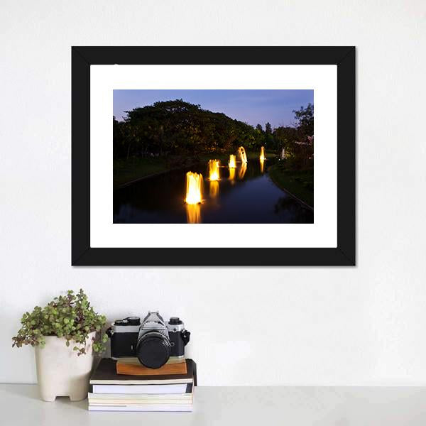 Fountain In Garden At Night Canvas Wall Art-1 Piece-Framed Print-20" x 16"-Tiaracle