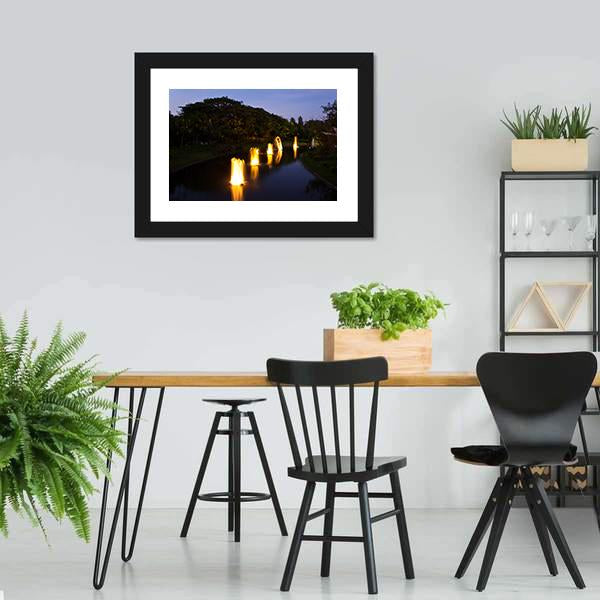 Fountain In Garden At Night Canvas Wall Art-3 Horizontal-Gallery Wrap-25" x 16"-Tiaracle