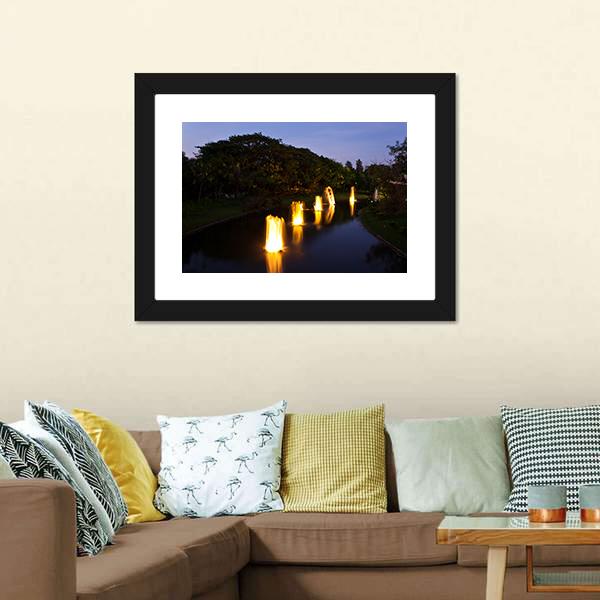 Fountain In Garden At Night Canvas Wall Art-3 Horizontal-Gallery Wrap-25" x 16"-Tiaracle