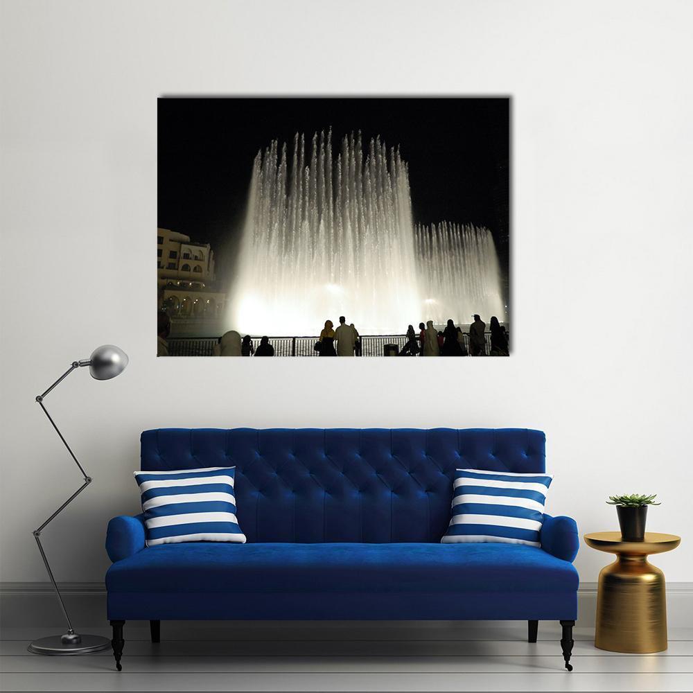 Dubai Dancing Fountains at Night Canvas Wall Art in black and white, single panel hung on a wall
