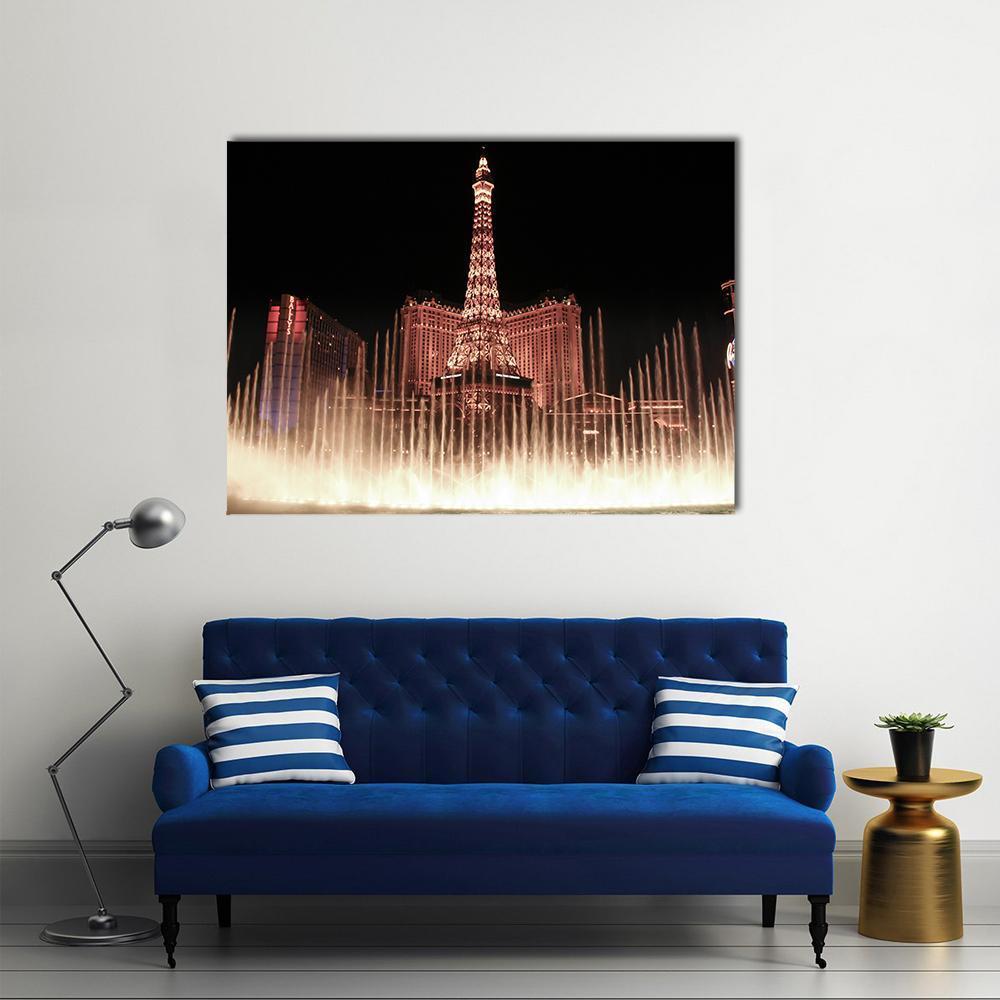 Dancing Fountains at Las Vegas Canvas Wall Art in black, gold and yellow, single panel hung on a wall