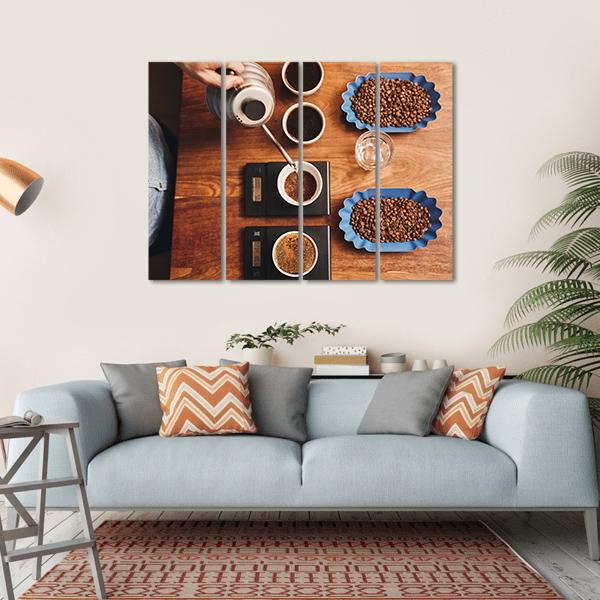 Four Coffee Cup On Table Canvas Wall Art-4 Horizontal-Gallery Wrap-34" x 24"-Tiaracle
