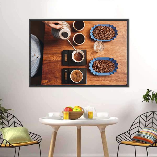 Four Coffee Cup On Table Canvas Wall Art-5 Horizontal-Gallery Wrap-22" x 12"-Tiaracle