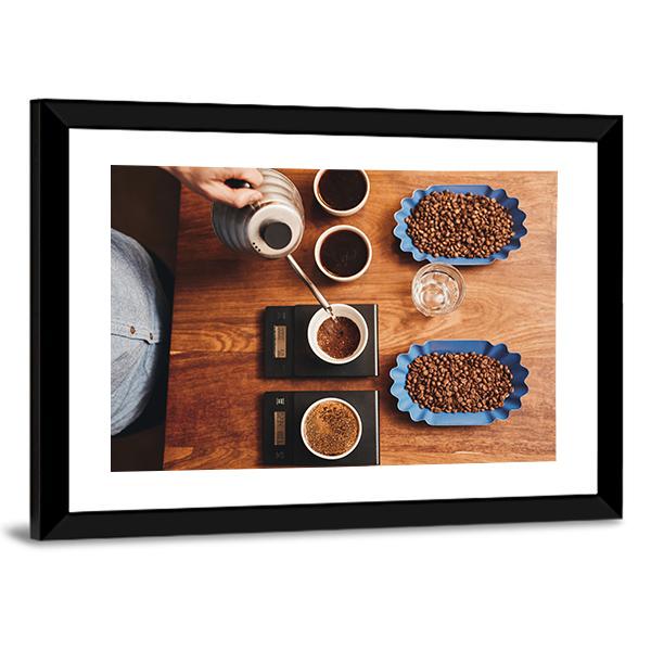 Four Coffee Cup On Table Canvas Wall Art-5 Horizontal-Gallery Wrap-22" x 12"-Tiaracle