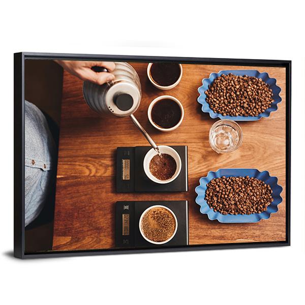 Four Coffee Cup On Table Canvas Wall Art-5 Horizontal-Gallery Wrap-22" x 12"-Tiaracle