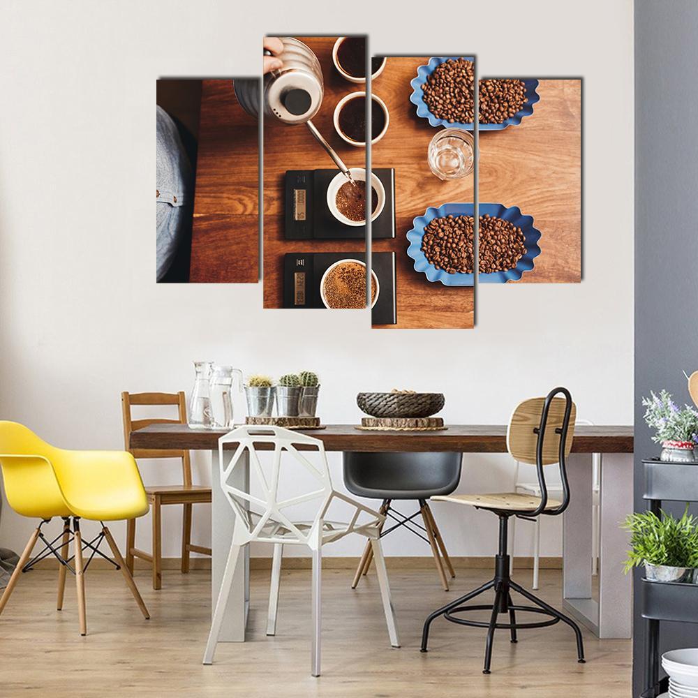 Four Coffee Cup On Table Canvas Wall Art-4 Pop-Gallery Wrap-50" x 32"-Tiaracle