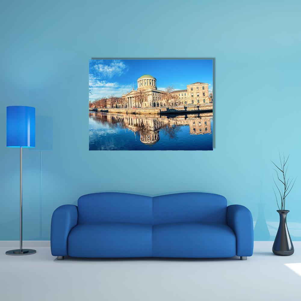 Four Courts on the River Liffey Canvas Wall Art in beige, brown and blue, single panel hung on a wall