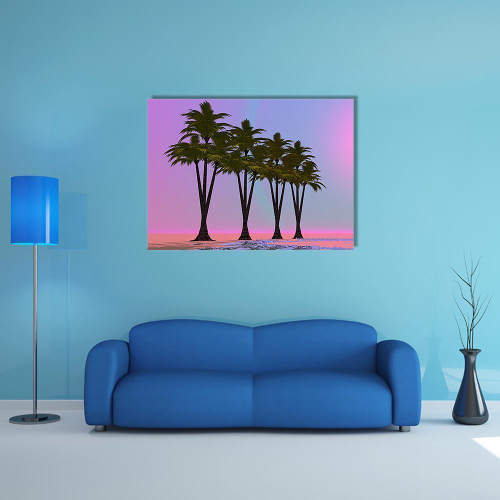 Four Palm Trees at Sunset Canvas Wall Art in black, purple and pink, single panel hung on a wall