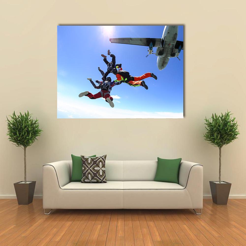 Four Parachutists Jumping Canvas Wall Art-5 Star-Gallery Wrap-62" x 32"-Tiaracle
