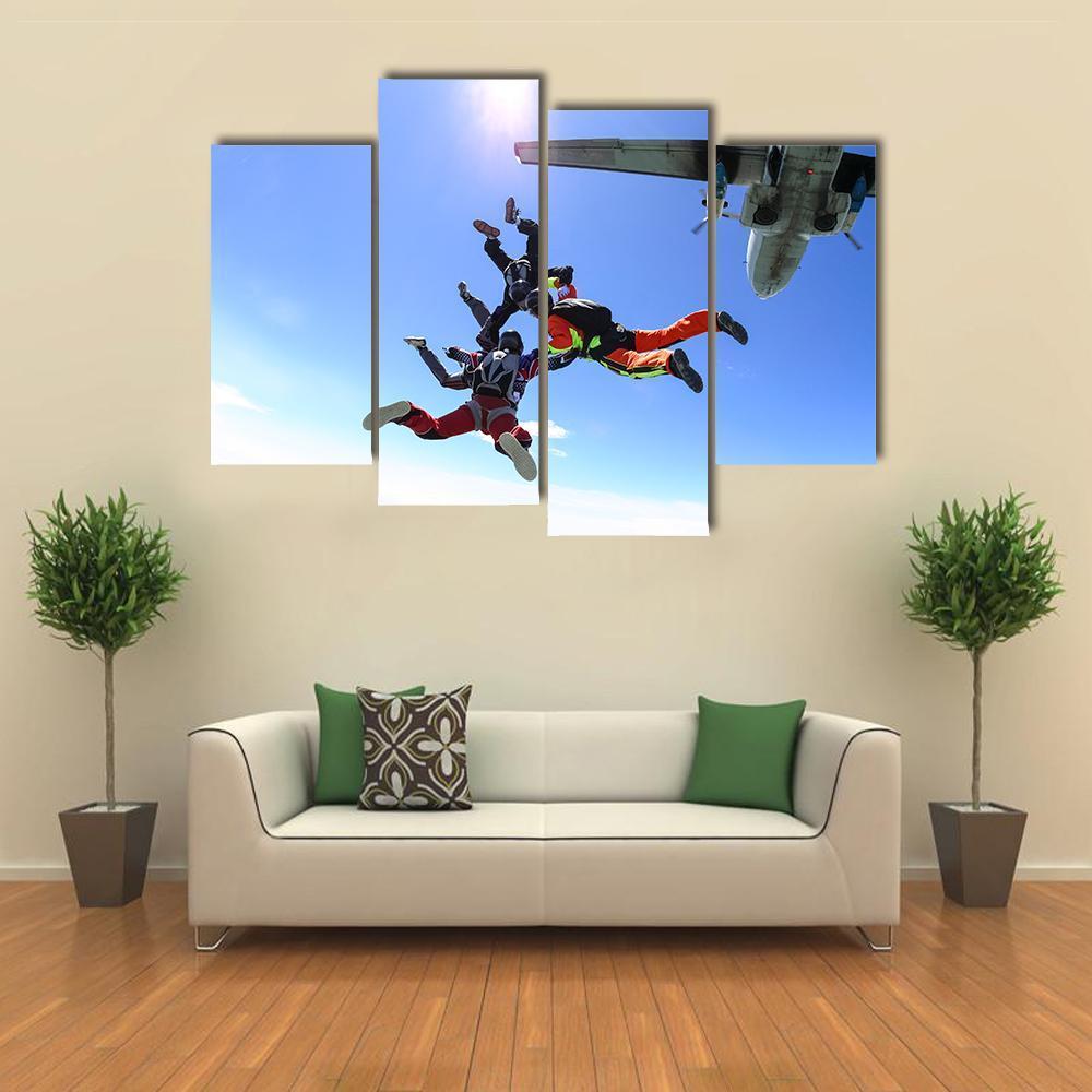 Four Parachutists Jumping Canvas Wall Art-4 Pop-Gallery Wrap-50&quot; x 32&quot;-Tiaracle
