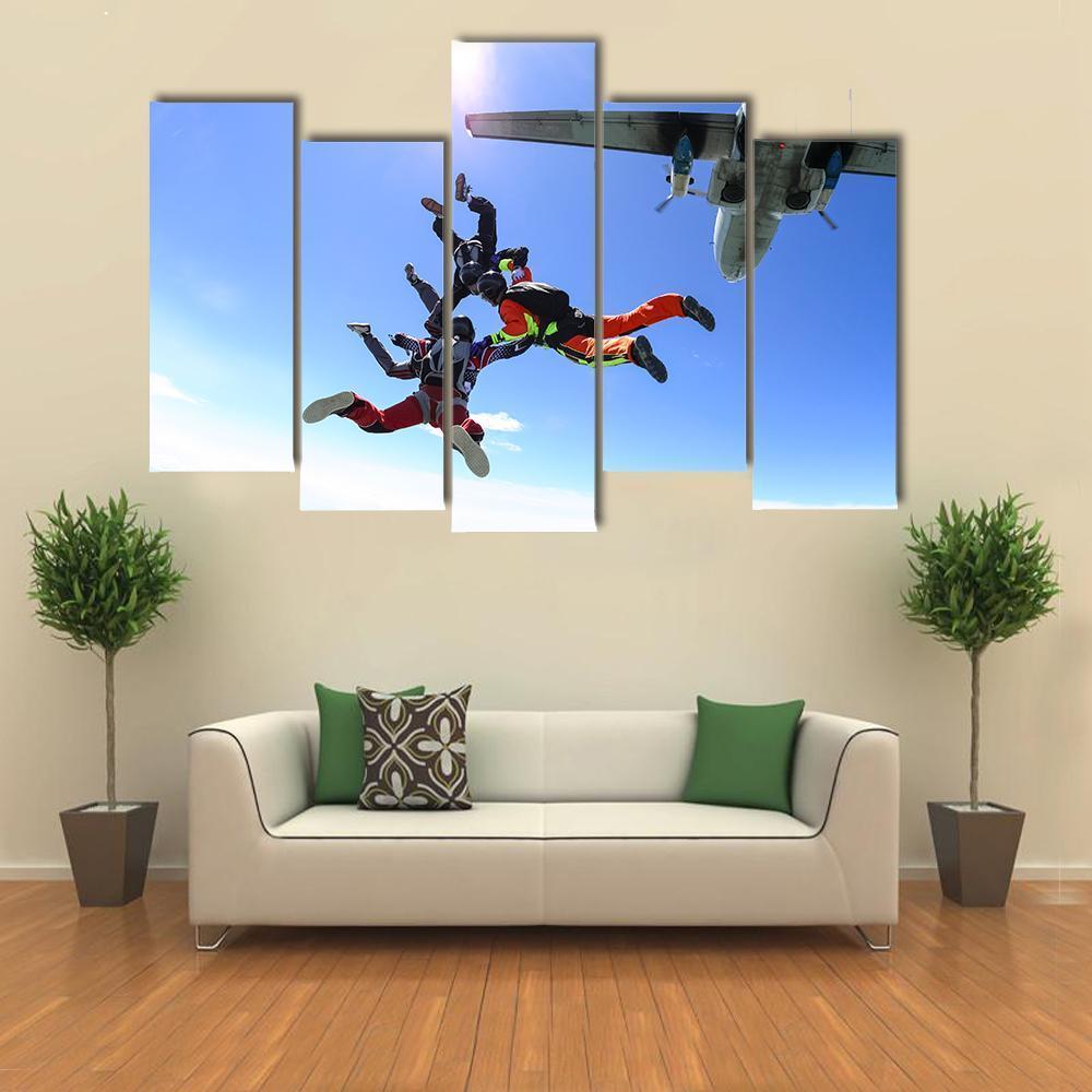 Four Parachutists Jumping Canvas Wall Art-5 Pop-Gallery Wrap-47&quot; x 32&quot;-Tiaracle
