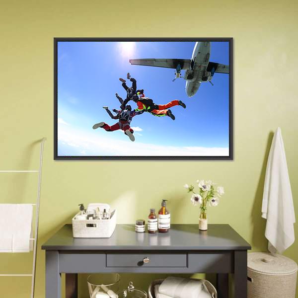 Four Parachutists Jumping Canvas Wall Art-1 Piece-Floating Frame-24" x 16"-Tiaracle