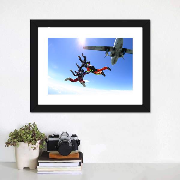 Four Parachutists Jumping Canvas Wall Art-1 Piece-Framed Print-20" x 16"-Tiaracle