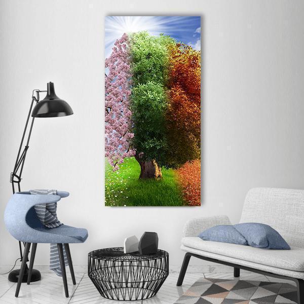 Four Seasons Tree Vertical Canvas Wall Art in green, blue and multicolor, single vertical panel hung on a wall