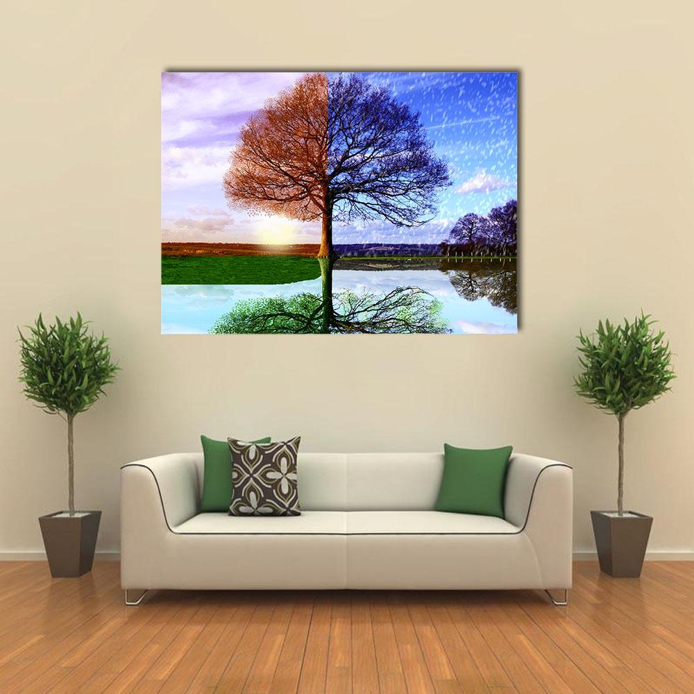 Split-season Tree with Water Reflection Canvas Wall Art in orange, blue and multicolor, single panel hung on a wall